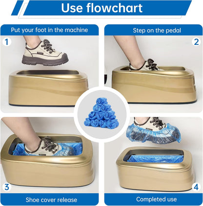 Upgraded Large Automatic Shoe Cover Dispenser, Waterproof & Non-Slip with 200 Disposable Covers, Fits Men’s Shoes to Size 12, Heavy Duty for Home, Office, Factory, Indoor Use, Gold Decorative Design